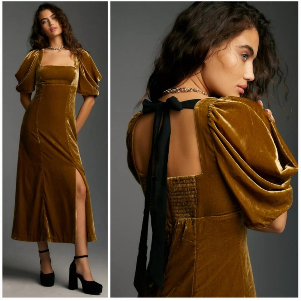 By Anthropologie Short-Sleeve Square-Neck Velvet Midi Dress Golden Mustard XS